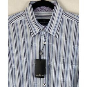 NWT Bugatchi Men Shirt Blue Black Paisley Striped Long Sleeve Flip Cuffs Med New